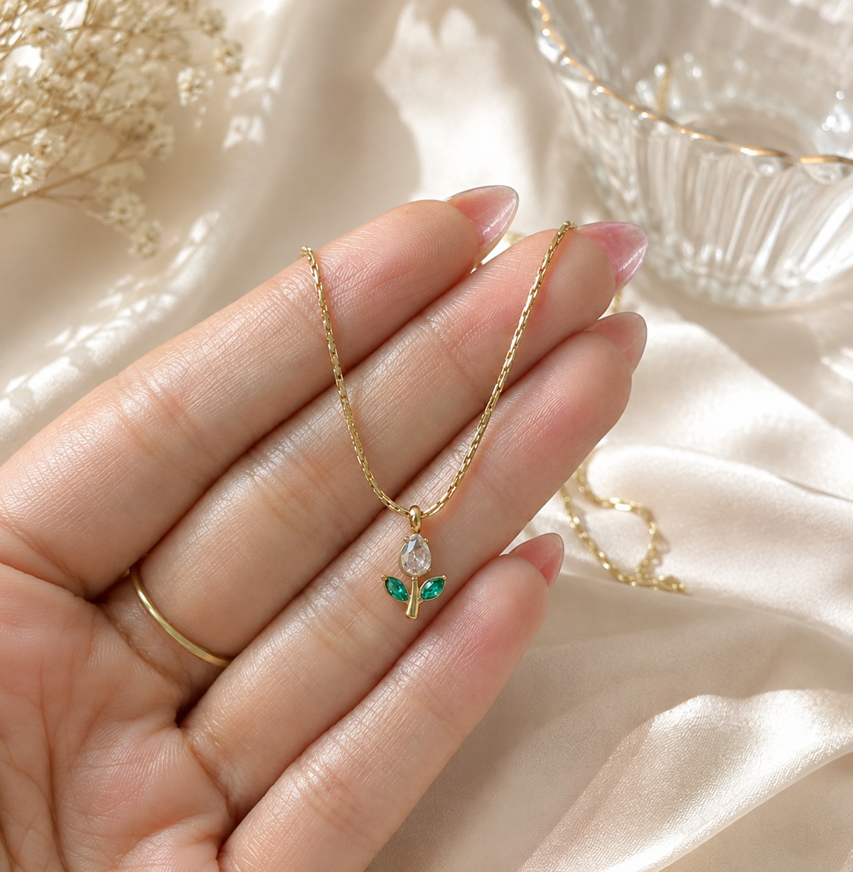Minimal white with green leaf tulip necklace