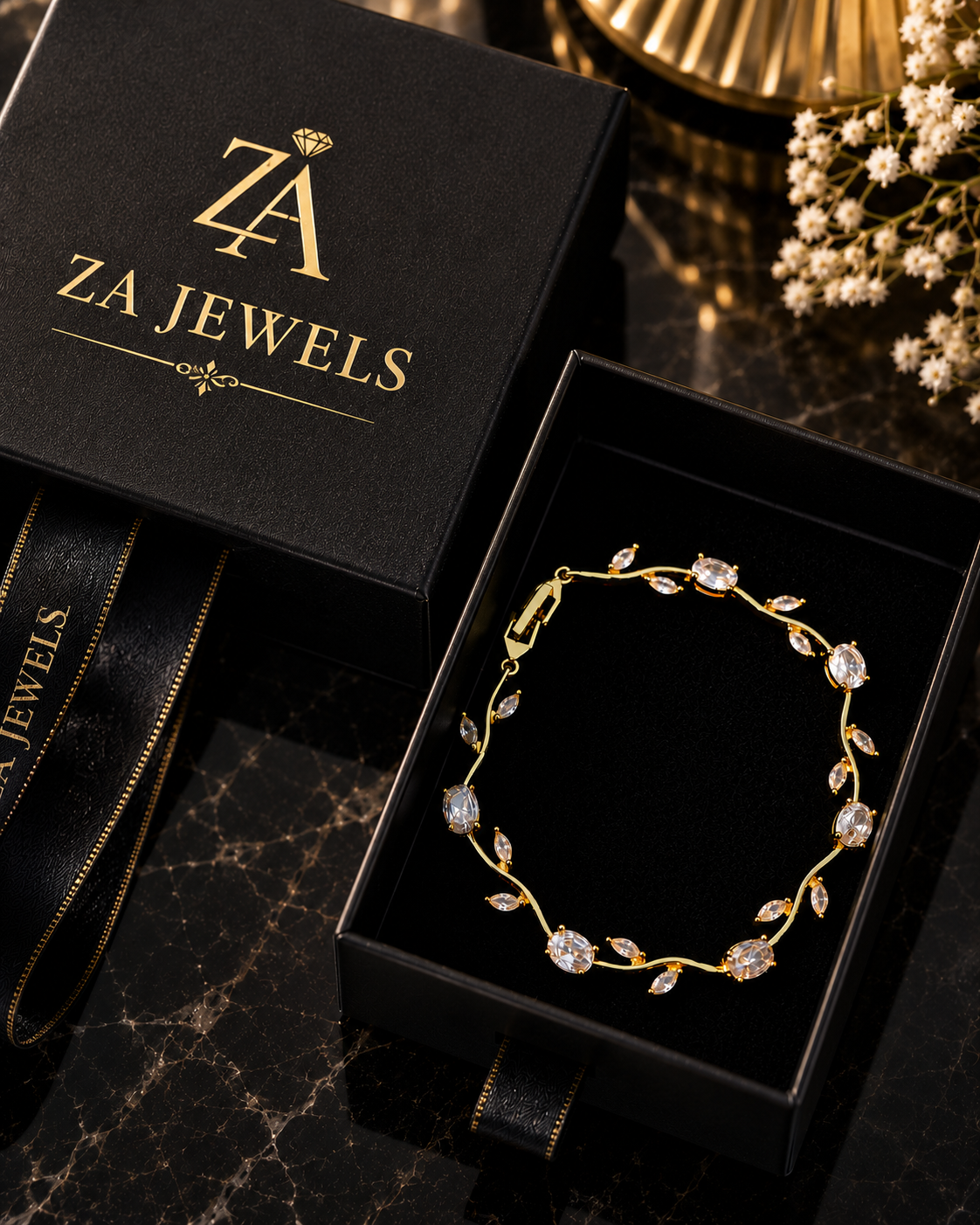 White stone -Tulip Bracelet (Anti-Tarnish)
