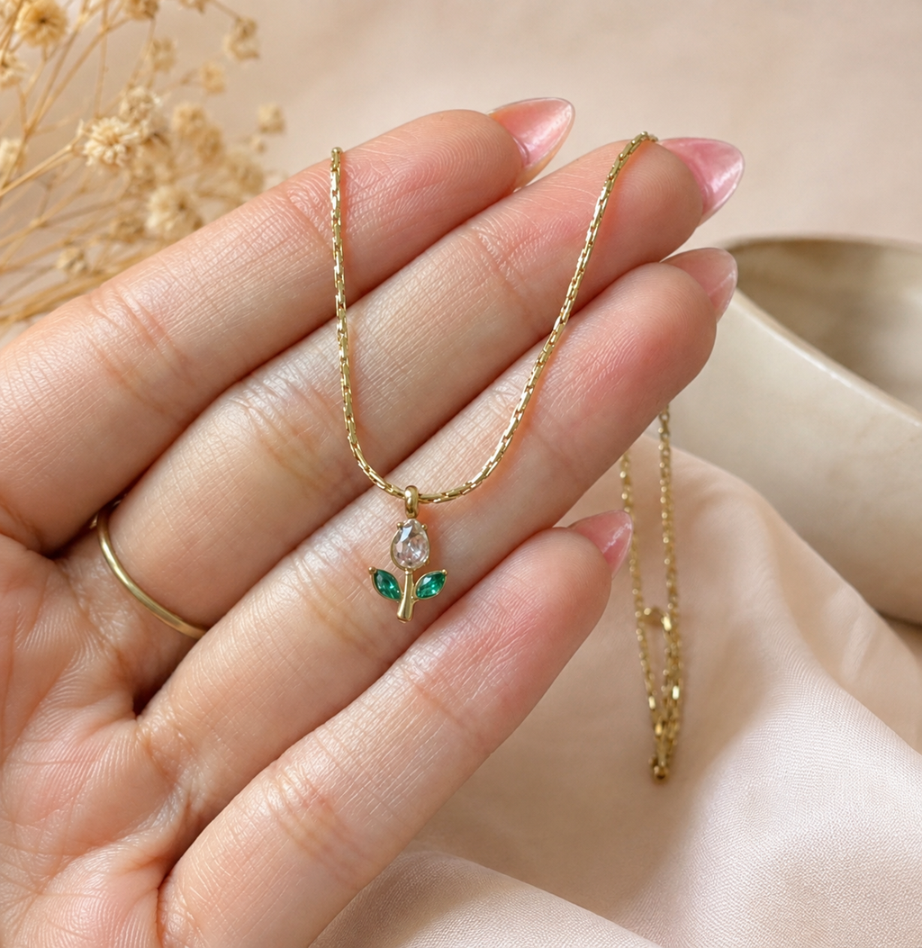 Minimal white with green leaf tulip necklace