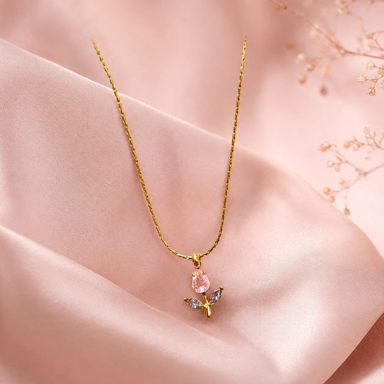 Minimal Baby Pink tulip necklace Anti-Tarnish