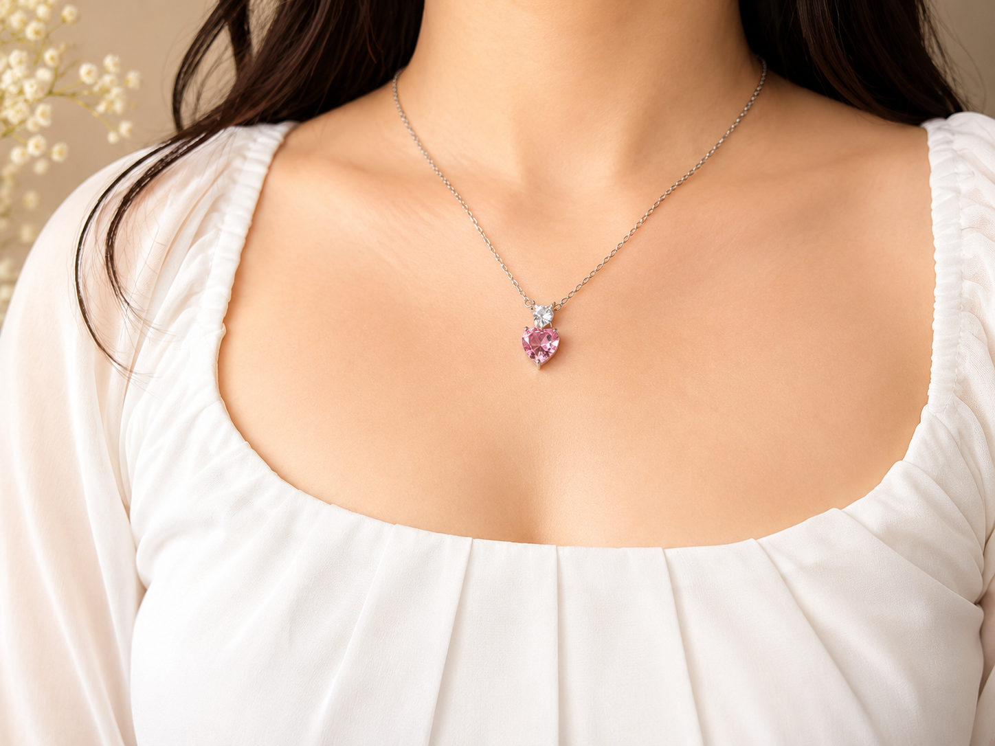 Pink heart stone necklace
