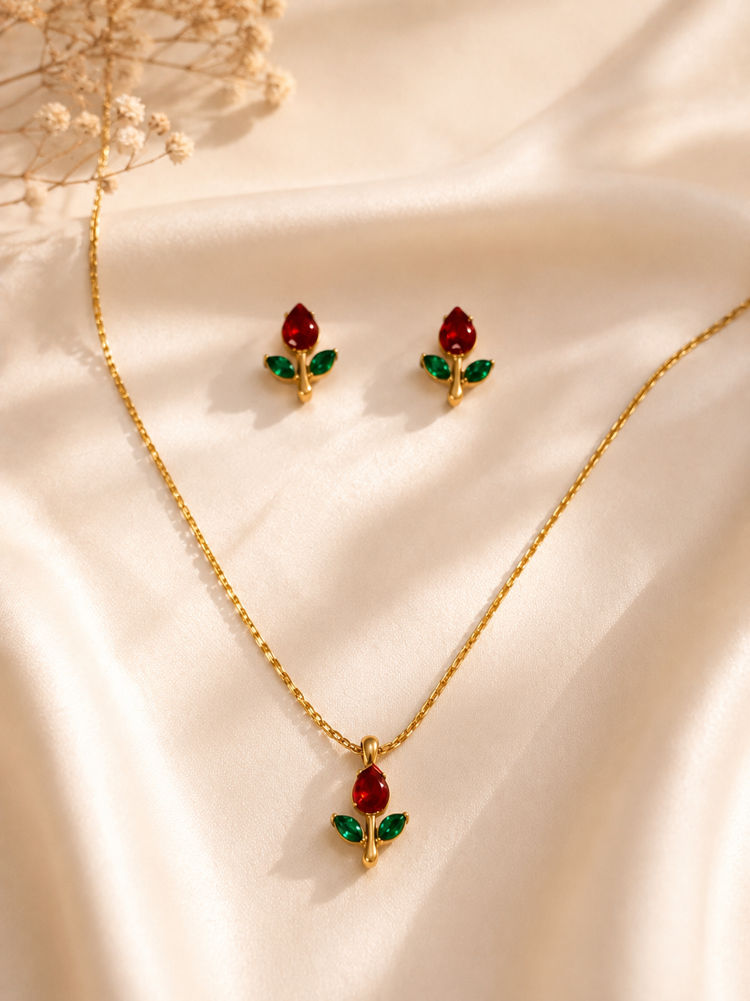 Mini tulip necklace with studs ( Red)